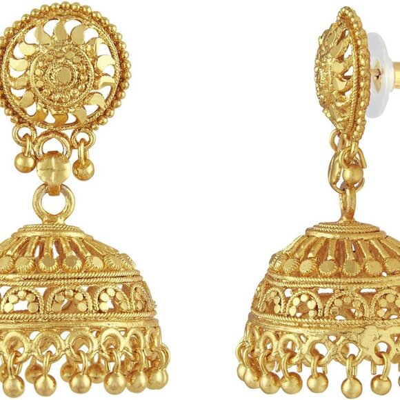Plated Brass Jhumka Earrings Traditional Indian Dangle Gold Women - Picture 2 of 3